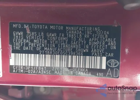 2005 Toyota Corolla Le из США, поврежденный, VIN 2T1BR30E05C398366